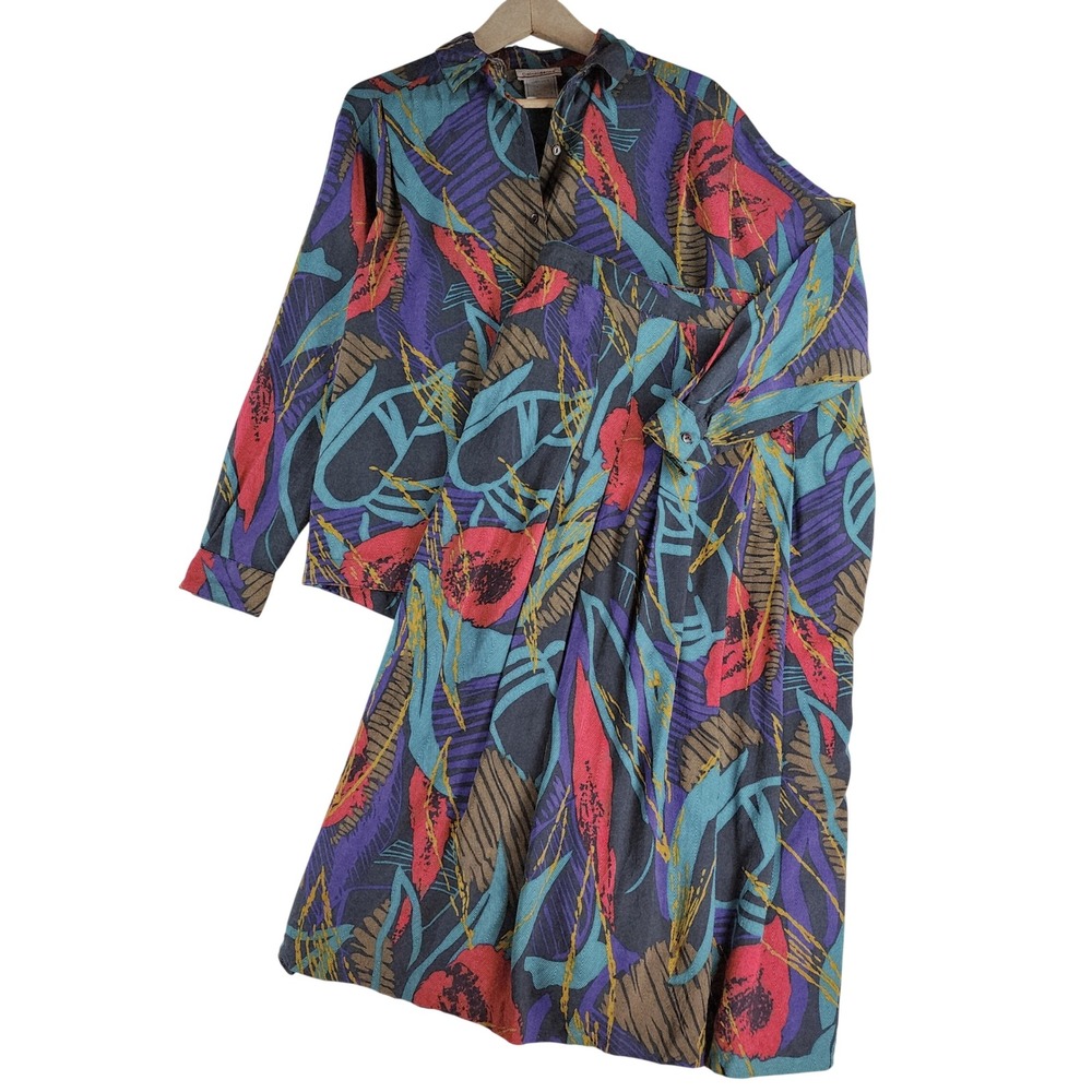 Vintage 90s Matching Set Womens 9 11 Made in Canada Abstract Floral Skirt Blouse